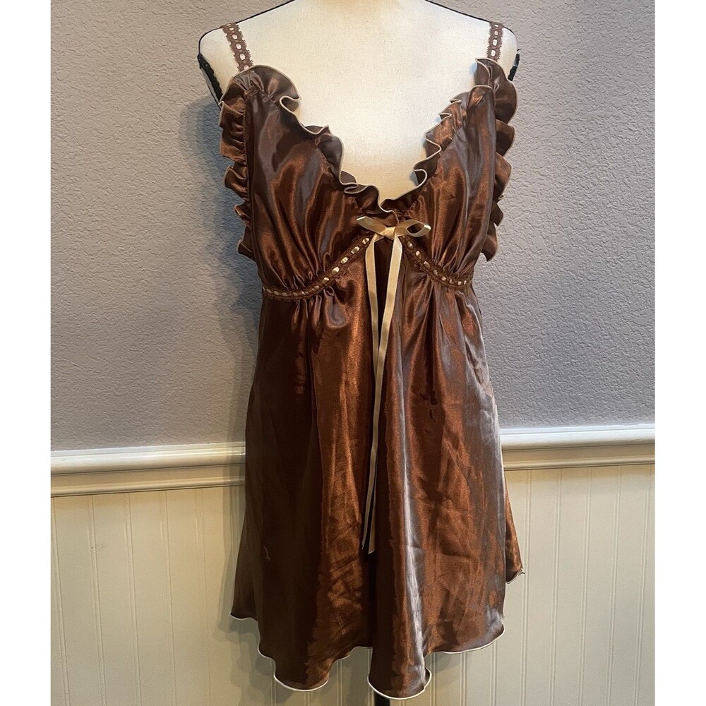 Vtg Y2K Cinema Etoile Brown Satin Babydoll Chemise Top Ruffle Coquette Grunge XL